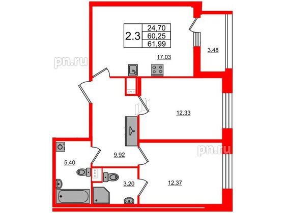 Квартира в ЖК Прайм Приморский, 2 комнатная, 60.25 м², 1 этаж