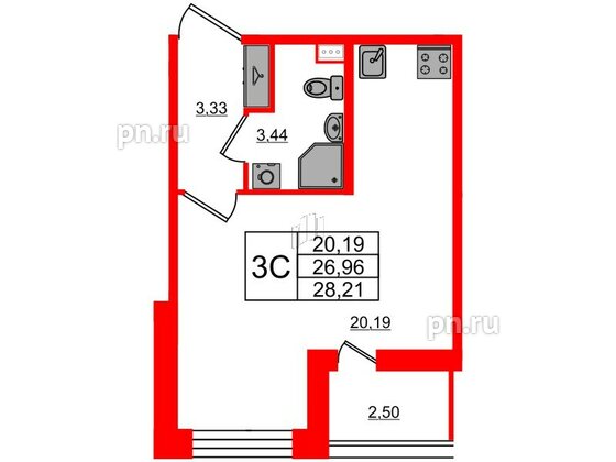 Квартира в ЖК Прайм Приморский, студия, 26.96 м², 1 этаж