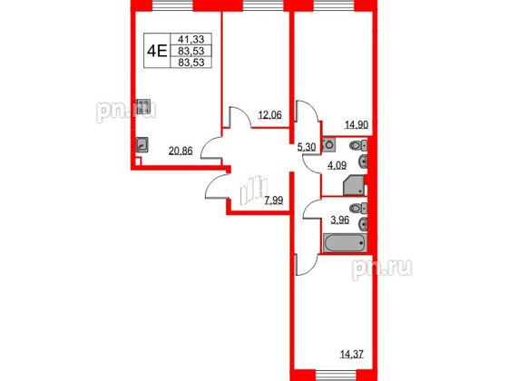 Квартира в ЖК Квартал Лаголово, 3 комнатная, 83.53 м², 1 этаж