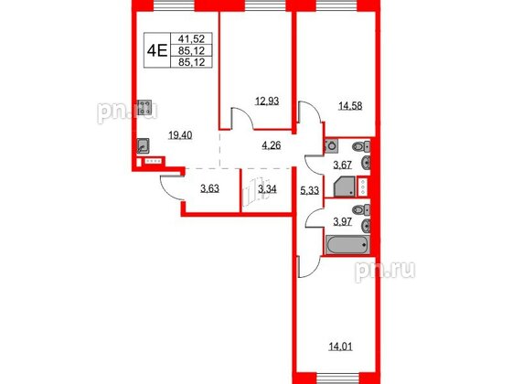 Квартира в ЖК Квартал Лаголово, 3 комнатная, 85.12 м², 2 этаж