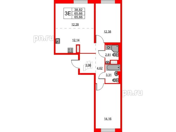 Квартира в ЖК Квартал Лаголово, 2 комнатная, 65.66 м², 8 этаж