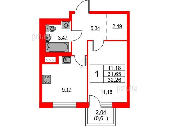 Квартира в ЖК Квартал Лаголово, 1 комнатная, 32.26 м², 3 этаж