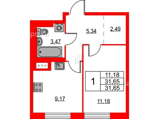 Квартира в ЖК Квартал Лаголово, 1 комнатная, 31.65 м², 9 этаж