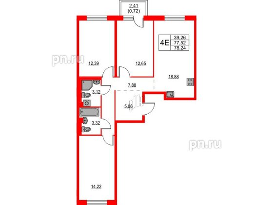 Квартира в ЖК Квартал Лаголово, 3 комнатная, 78.24 м², 2 этаж