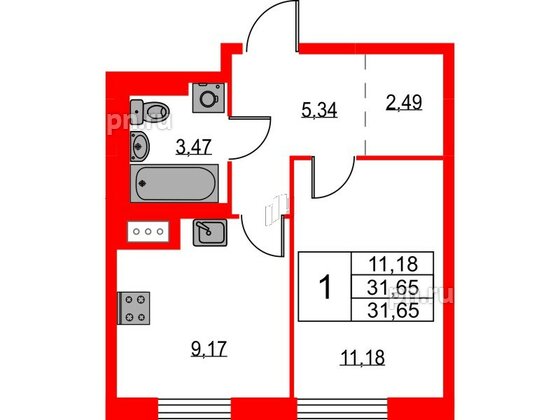 Квартира в ЖК Квартал Лаголово, 1 комнатная, 31.65 м², 8 этаж