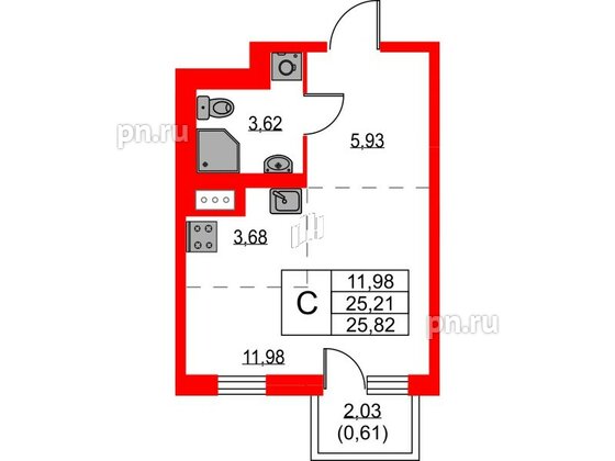 Квартира в ЖК Квартал Лаголово, студия, 25.82 м², 3 этаж