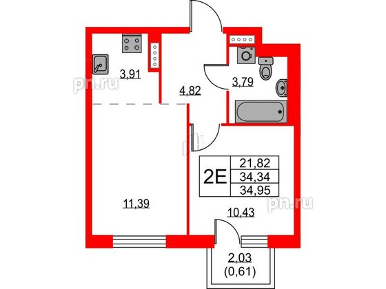 Квартира в ЖК Квартал Лаголово, 1 комнатная, 34.95 м², 3 этаж