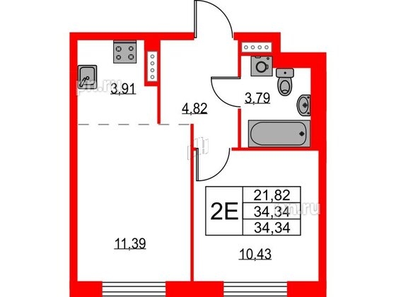 Квартира в ЖК Квартал Лаголово, 1 комнатная, 34.34 м², 8 этаж