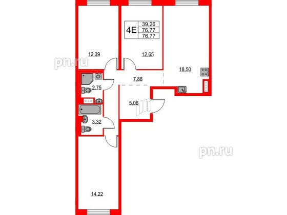 Квартира в ЖК Квартал Лаголово, 3 комнатная, 76.77 м², 3 этаж