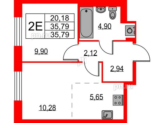 Квартира в ЖК Квартал Лаголово, 1 комнатная, 35.79 м², 2 этаж