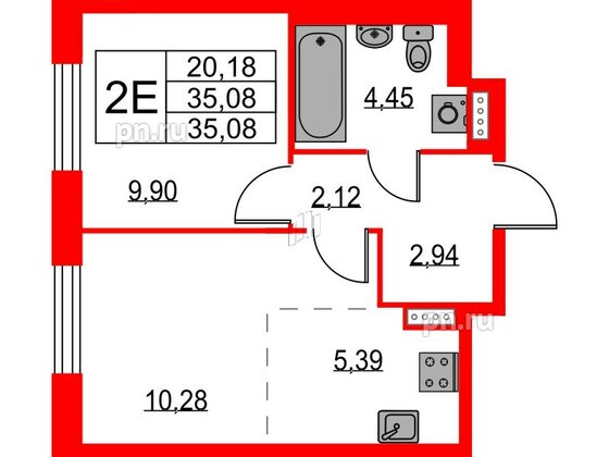 Квартира в ЖК Квартал Лаголово, 1 комнатная, 35.08 м², 8 этаж