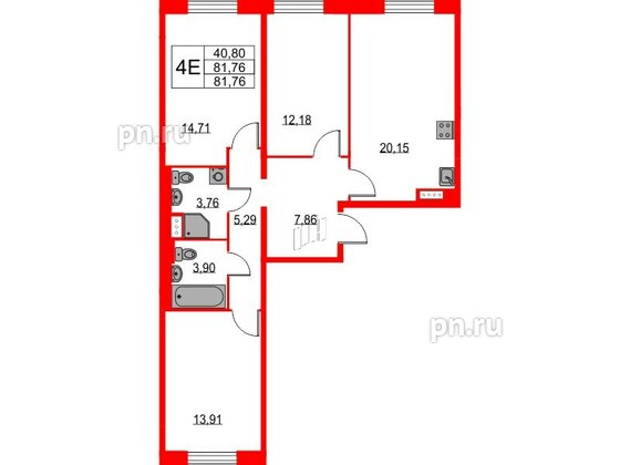 Квартира в ЖК Квартал Лаголово, 3 комнатная, 81.76 м², 9 этаж