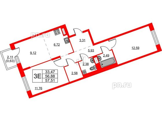 Квартира в ЖК Квартал Лаголово, 2 комнатная, 57.51 м², 5 этаж