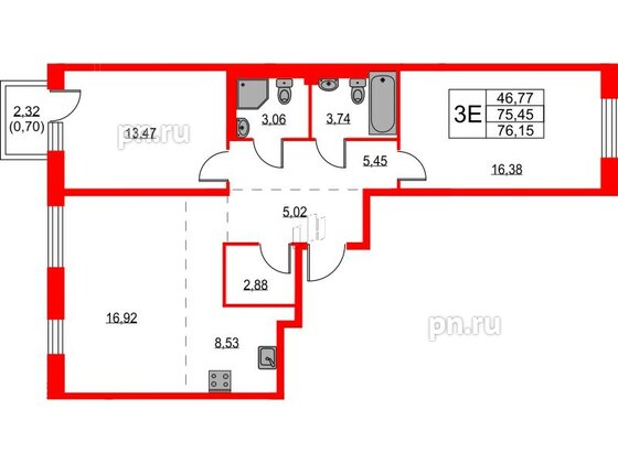 Квартира в ЖК Квартал Лаголово, 2 комнатная, 76.15 м², 2 этаж