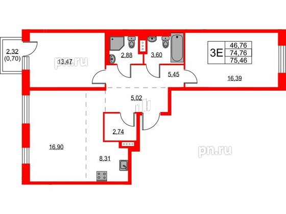 Квартира в ЖК Квартал Лаголово, 2 комнатная, 75.46 м², 6 этаж