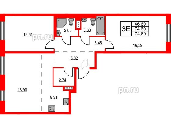 Квартира в ЖК Квартал Лаголово, 2 комнатная, 74.6 м², 9 этаж