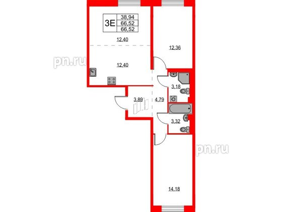 Квартира в ЖК Квартал Лаголово, 2 комнатная, 66.52 м², 1 этаж