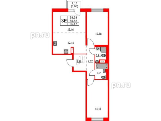 Квартира в ЖК Квартал Лаголово, 2 комнатная, 66.47 м², 4 этаж