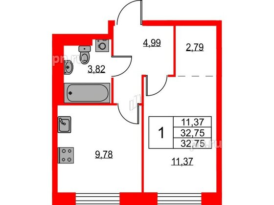 Квартира в ЖК Квартал Лаголово, 1 комнатная, 32.75 м², 1 этаж