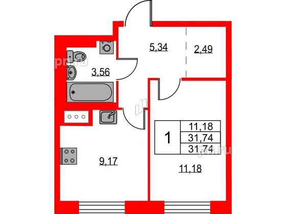 Квартира в ЖК Квартал Лаголово, 1 комнатная, 31.74 м², 6 этаж