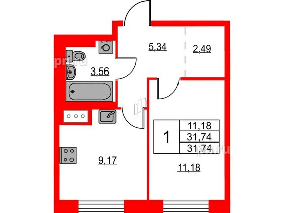 Квартира в ЖК Квартал Лаголово, 1 комнатная, 31.74 м², 9 этаж