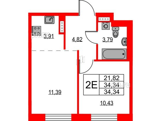 Квартира в ЖК Квартал Лаголово, 1 комнатная, 34.34 м², 2 этаж