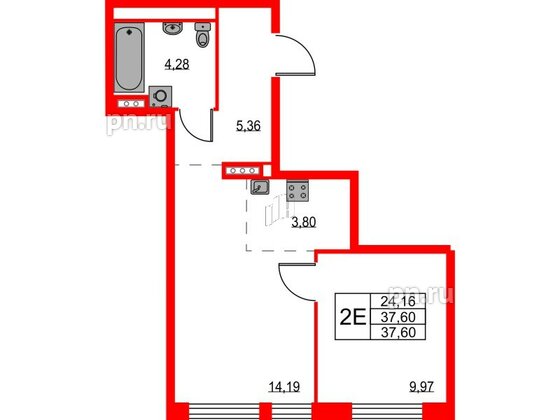 Квартира в ЖК Квартал Лаголово, 1 комнатная, 37.6 м², 2 этаж