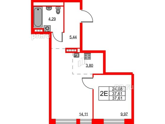 Квартира в ЖК Квартал Лаголово, 1 комнатная, 37.61 м², 4 этаж