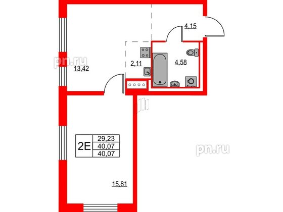 Квартира в ЖК Квартал Лаголово, 1 комнатная, 40.07 м², 2 этаж