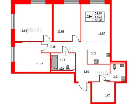 Квартира в ЖК Квартал Лаголово, 3 комнатная, 85.31 м², 1 этаж