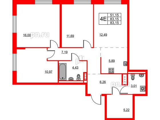 Квартира в ЖК Квартал Лаголово, 3 комнатная, 83.15 м², 2 этаж