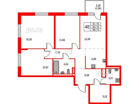 Квартира в ЖК Квартал Лаголово, 3 комнатная, 84.13 м², 9 этаж