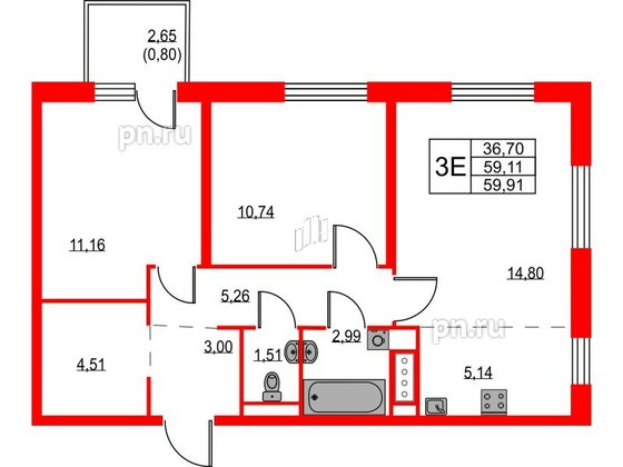 Квартира в ЖК Квартал Лаголово, 2 комнатная, 59.91 м², 3 этаж