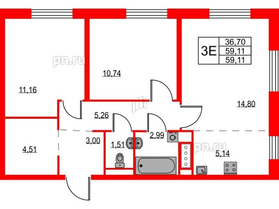 Квартира в ЖК Квартал Лаголово, 2 комнатная, 59.11 м², 8 этаж