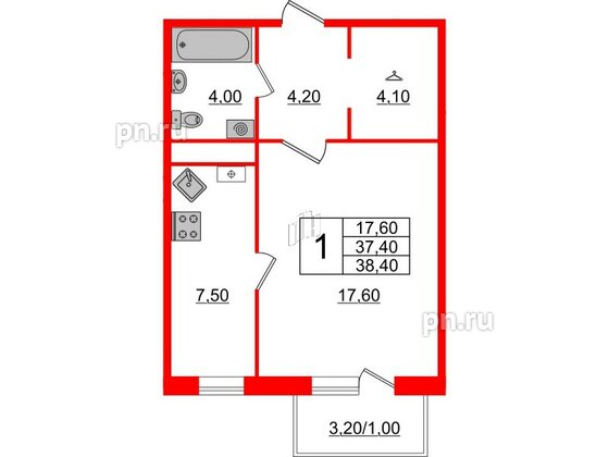 Квартира в ЖК Новокасимово, 1 комнатная, 38.4 м², 3 этаж