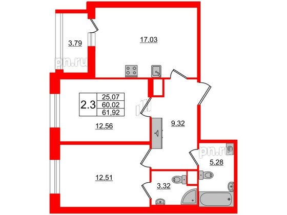 Квартира в ЖК Прайм Приморский, 2 комнатная, 60.02 м², 1 этаж