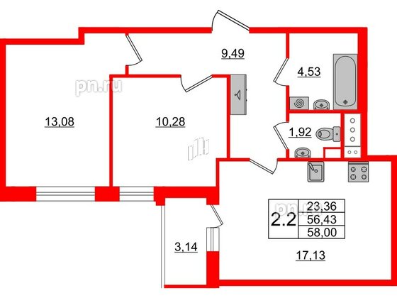 Квартира в ЖК Прайм Приморский, 2 комнатная, 56.43 м², 3 этаж