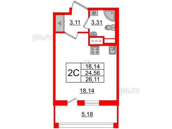 Квартира в ЖК Прайм Приморский, студия, 24.56 м², 3 этаж