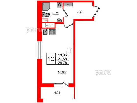 Квартира в ЖК Прайм Приморский, студия, 27.58 м², 9 этаж