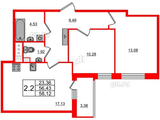 Квартира в ЖК Прайм Приморский, 2 комнатная, 56.43 м², 3 этаж