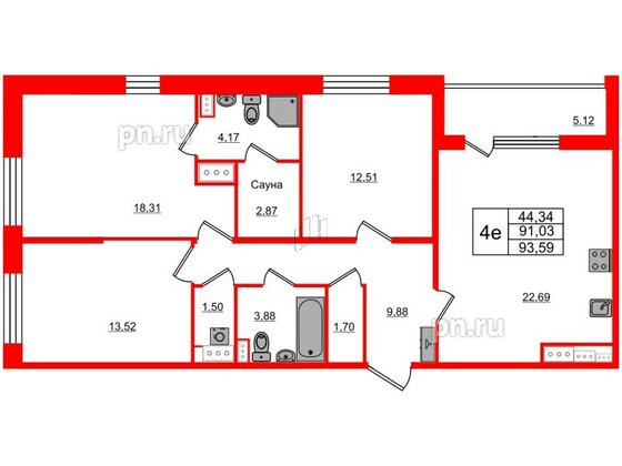 Квартира в ЖК Прайм Приморский, 3 комнатная, 91.03 м², 3 этаж