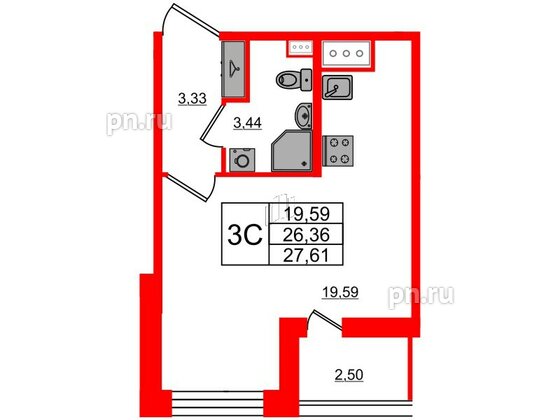 Квартира в ЖК Прайм Приморский, студия, 26.36 м², 7 этаж