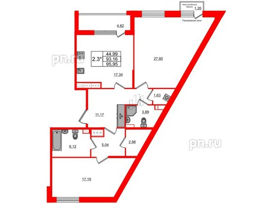 Квартира в ЖК Прайм Приморский, 2 комнатная, 93.16 м², 11 этаж