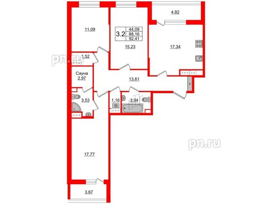 Квартира в ЖК Прайм Приморский, 3 комнатная, 88.16 м², 5 этаж