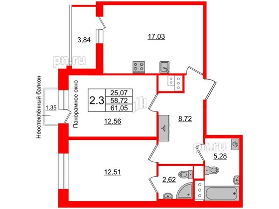 Квартира в ЖК Прайм Приморский, 2 комнатная, 58.72 м², 2 этаж