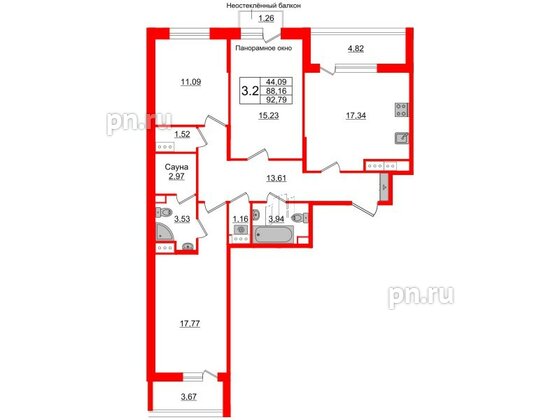 Квартира в ЖК Прайм Приморский, 3 комнатная, 88.16 м², 6 этаж