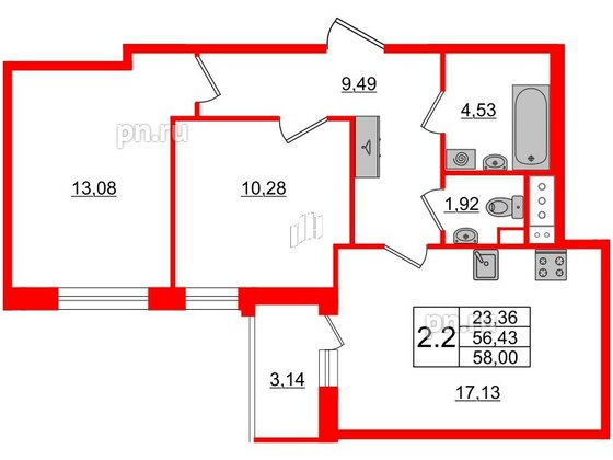 Квартира в ЖК Прайм Приморский, 2 комнатная, 56.43 м², 3 этаж