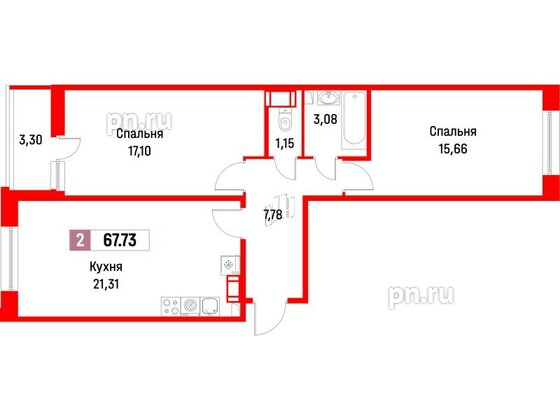 Квартира в ЖК Фотограф, 2 комнатная, 67.73 м², 2 этаж