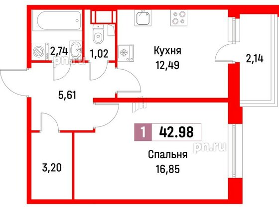 Квартира в ЖК Фотограф, 1 комнатная, 42.98 м², 13 этаж