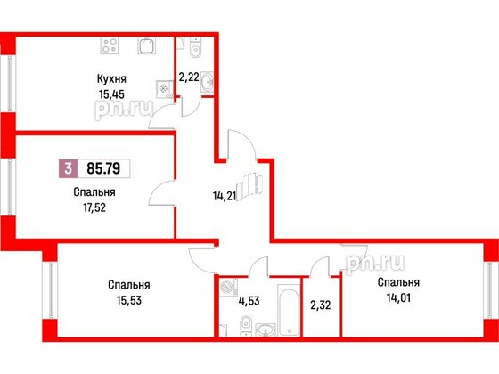 Квартира в ЖК Фотограф, 3 комнатная, 86.1 м², 1 этаж